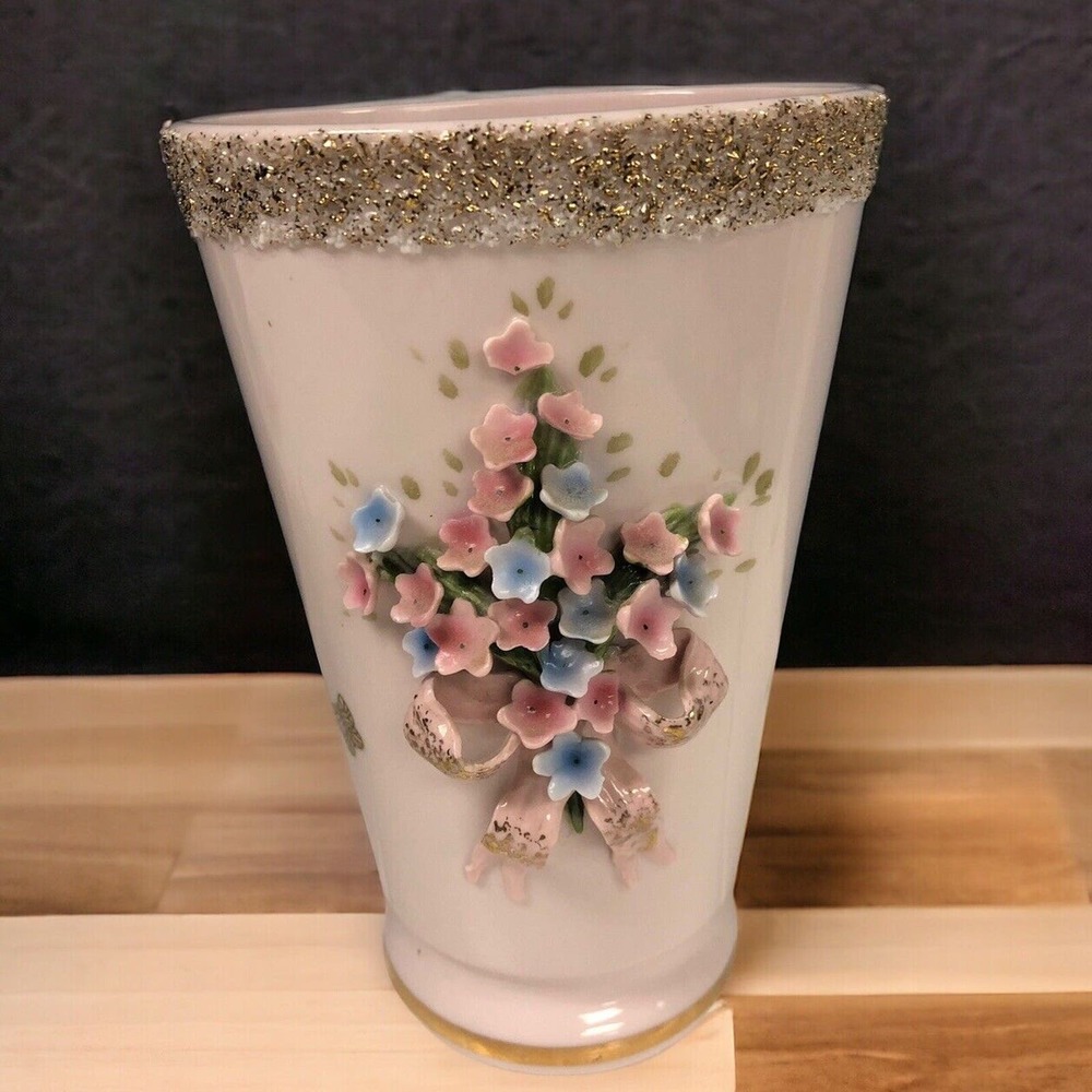 Vintage 7” Lefton Pink Vase 3D Flowers Gold Trim MCM Japan With‎ Bow